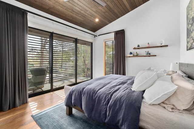1411 Haskell St, Austin, TX 78702 - bedroom featuring lofted ceiling, access to outside, wooden ceiling, wood finished floors, and recessed lighting