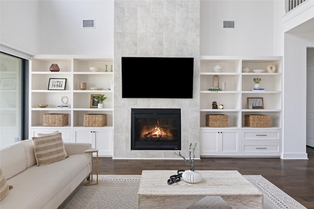 1005 Trevi Fontana, Leander, TX 78641 - living room featuring a fireplace and dark wood-style flooring