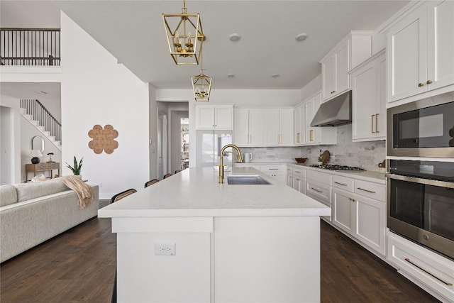 1005 Trevi Fontana, Leander, TX 78641 - kitchen with under cabinet range hood, dark wood-style flooring, appliances with stainless steel finishes, and backsplash