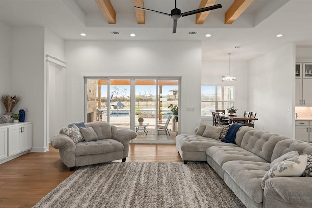 425 Private Road 915, Georgetown, TX 78633 - living room with recessed lighting, visible vents, a ceiling fan, beamed ceiling, and light wood-style floors