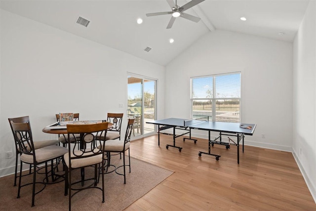 425 Private Road 915, Georgetown, TX 78633 - interior space with visible vents, a ceiling fan, beamed ceiling, light wood-type flooring, and high vaulted ceiling