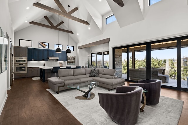 316 Hidden Beacon Bnd, Lakeway, TX 78738 - living room featuring high vaulted ceiling, beam ceiling, dark wood-style floors, and recessed lighting