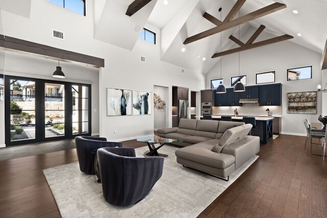 316 Hidden Beacon Bnd, Lakeway, TX 78738 - living room featuring high vaulted ceiling, dark wood-style floors, baseboards, beamed ceiling, and healthy amount of natural light