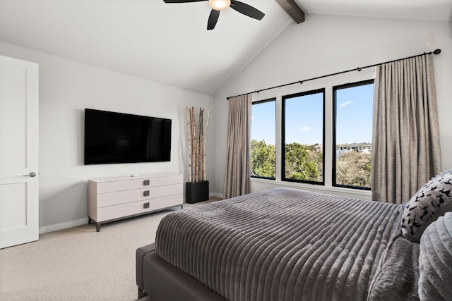 316 Hidden Beacon Bnd, Lakeway, TX 78738 - carpeted bedroom with beam ceiling, a ceiling fan, and high vaulted ceiling