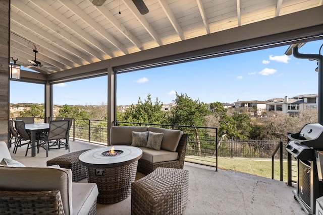 316 Hidden Beacon Bnd, Lakeway, TX 78738 - view of patio / terrace featuring ceiling fan, area for grilling, outdoor dining space, and an outdoor living space with a fire pit