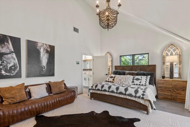 1905 Big Horn Dr, Austin, TX 78734 - bedroom featuring a chandelier, high vaulted ceiling, and ensuite bath