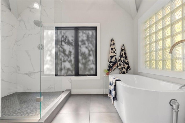1905 Big Horn Dr, Austin, TX 78734 - bathroom with a freestanding tub, a marble finish shower, and tile patterned flooring
