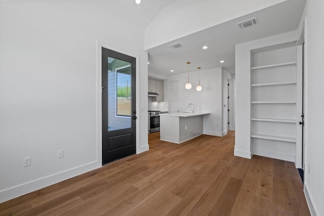 4525 S 3rd St, Austin, TX 78745 - unfurnished living room featuring wood finished floors, recessed lighting, built in features, and lofted ceiling