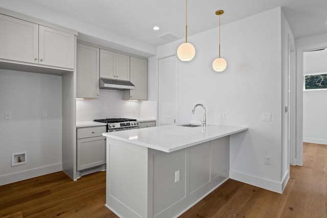 4525 S 3rd St, Austin, TX 78745 - kitchen with under cabinet range hood, dark wood-style flooring, a peninsula, decorative backsplash, and recessed lighting