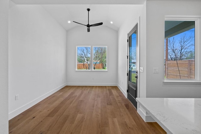 4525 S 3rd St, Austin, TX 78745 - unfurnished room featuring wood finished floors, a ceiling fan, recessed lighting, and lofted ceiling