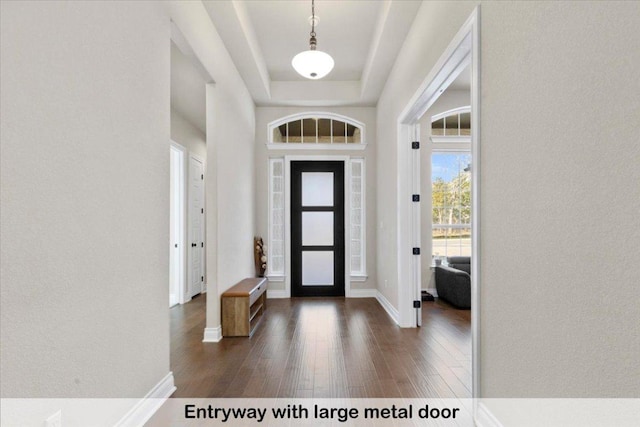 145 Gaston Dr, Bastrop, TX 78602 - foyer entrance with a tray ceiling, dark wood-style flooring, and baseboards