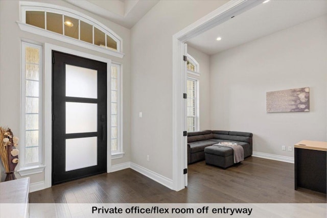 145 Gaston Dr, Bastrop, TX 78602 - entryway with recessed lighting, plenty of natural light, baseboards, and dark wood finished floors