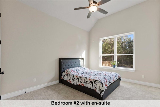145 Gaston Dr, Bastrop, TX 78602 - carpeted bedroom featuring baseboards, a ceiling fan, and lofted ceiling