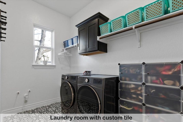 145 Gaston Dr, Bastrop, TX 78602 - laundry room with cabinet space, baseboards, and washer and dryer