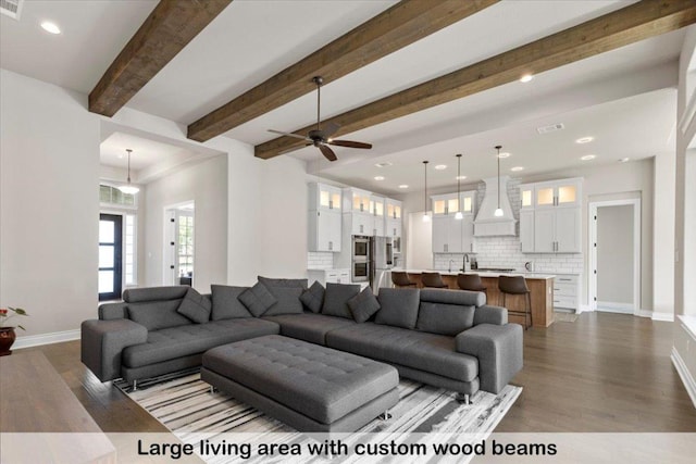 145 Gaston Dr, Bastrop, TX 78602 - living area with recessed lighting, baseboards, a ceiling fan, and dark wood finished floors