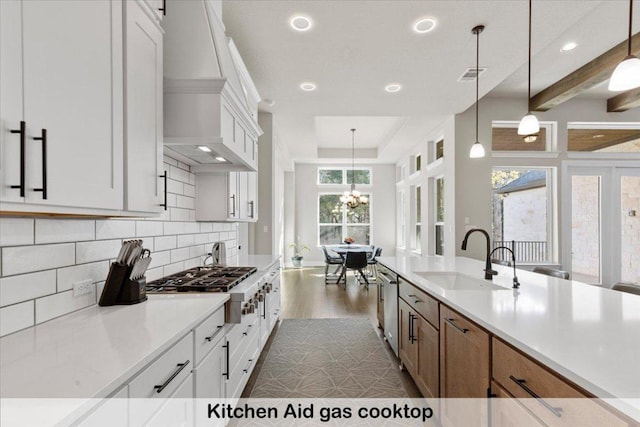 145 Gaston Dr, Bastrop, TX 78602 - kitchen featuring custom exhaust hood, a sink, stainless steel appliances, a tray ceiling, and recessed lighting