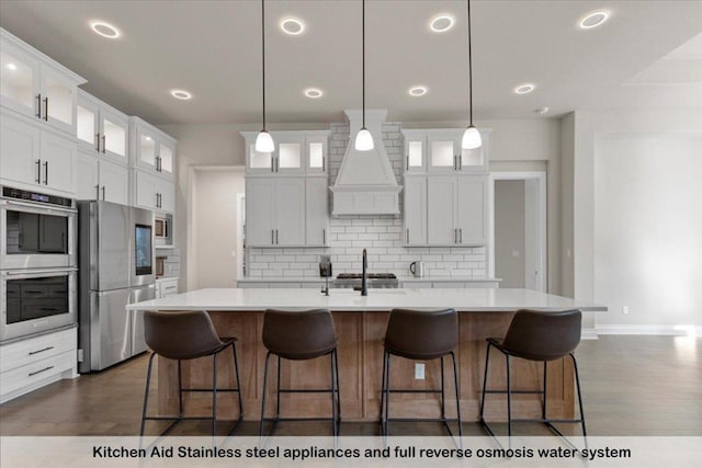 145 Gaston Dr, Bastrop, TX 78602 - kitchen with dark wood finished floors, tasteful backsplash, light countertops, appliances with stainless steel finishes, and premium range hood