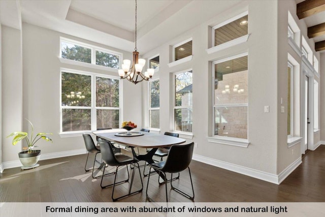 145 Gaston Dr, Bastrop, TX 78602 - dining room with a chandelier, a high ceiling, baseboards, and dark wood-style floors