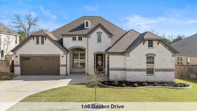 145 Gaston Dr, Bastrop, TX 78602 - french provincial home with stone siding, a front lawn, fence, and concrete driveway