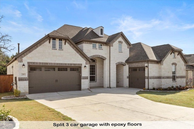 145 Gaston Dr, Bastrop, TX 78602 - french country inspired facade featuring a garage, driveway, and stone siding