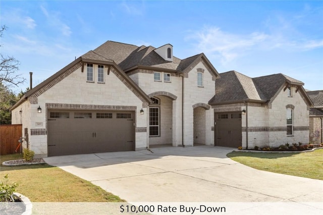 145 Gaston Dr, Bastrop, TX 78602 - french country inspired facade featuring an attached garage, concrete driveway, stone siding, and a shingled roof