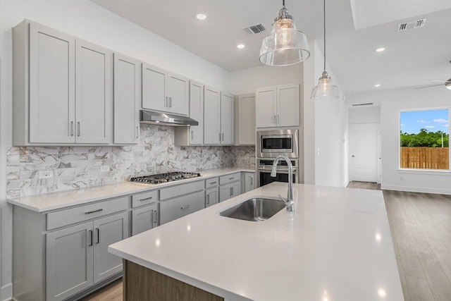 1405 S Brook Dr, Leander, TX 78641 - kitchen with gray cabinets, appliances with stainless steel finishes, under cabinet range hood, tasteful backsplash, and light countertops