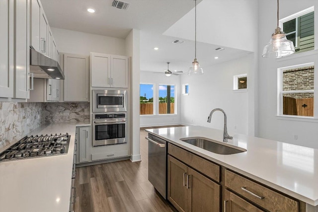 1405 S Brook Dr, Leander, TX 78641 - kitchen with appliances with stainless steel finishes, under cabinet range hood, light countertops, pendant lighting, and dark wood-style flooring