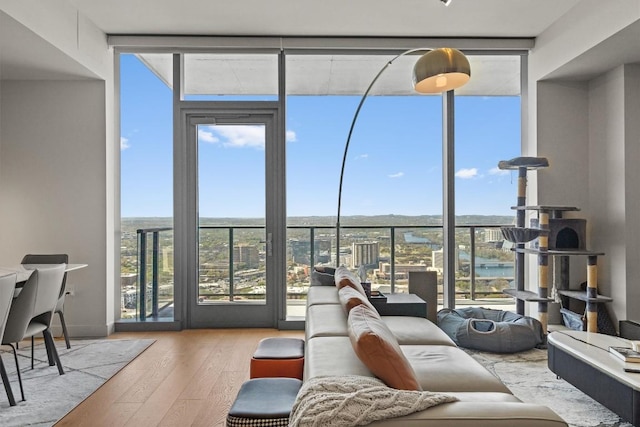 44 E Ave Unit 3402, Austin, TX 78701 - living area with a wall of windows and wood-type flooring