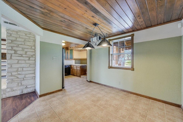 unfurnished dining area featuring wood ceiling, baseboards, and light tile patterned floors