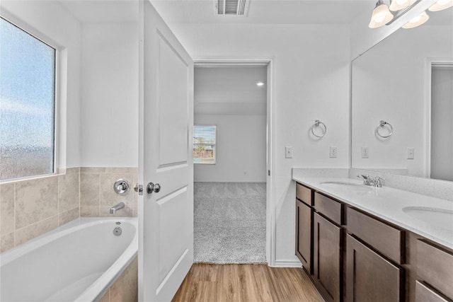 130 Carmello, Kyle, TX 78640 - bathroom featuring double vanity, a garden tub, and wood finished floors