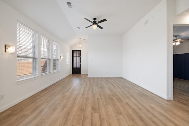 unfurnished living room featuring baseboards, visible vents, light wood-style flooring, and a ceiling fan