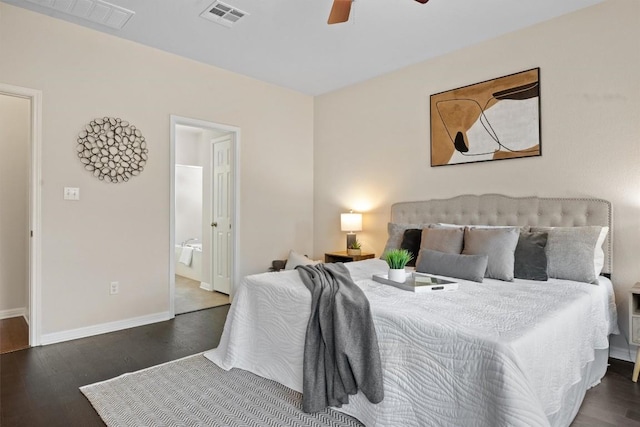 2701 Blackstone Cv, Round Rock, TX 78665 - bedroom with wood finished floors, baseboards, ensuite bathroom, and a ceiling fan