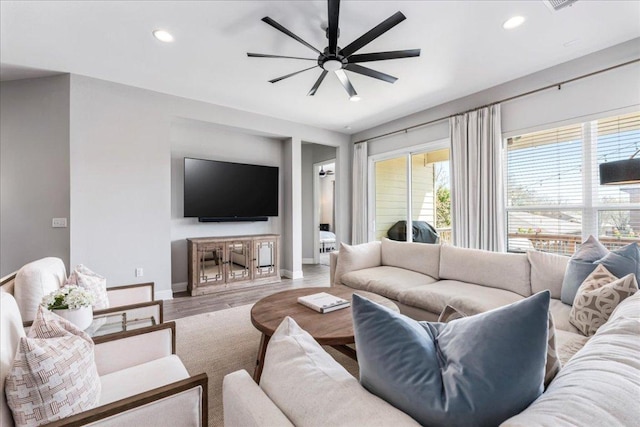 9003 Jodie Ln, Austin, TX 78748 - living area featuring baseboards, a ceiling fan, wood finished floors, and recessed lighting