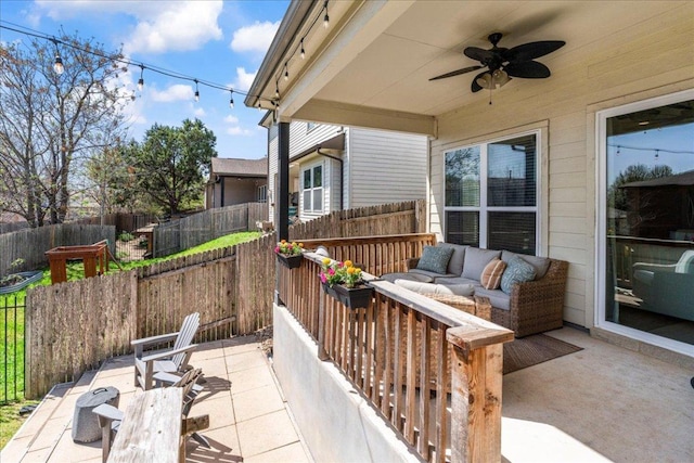 9003 Jodie Ln, Austin, TX 78748 - fenced backyard with ceiling fan, an outdoor hangout area, and a patio area