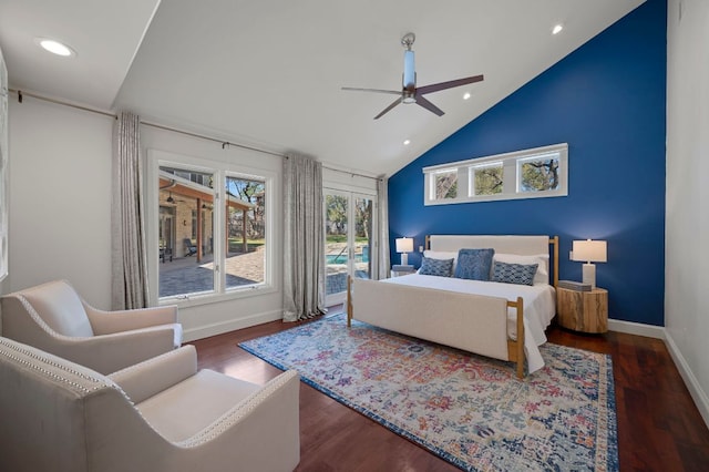 7603 Rustling Cv, Austin, TX 78731 - bedroom with access to exterior, wood finished floors, recessed lighting, a ceiling fan, and high vaulted ceiling