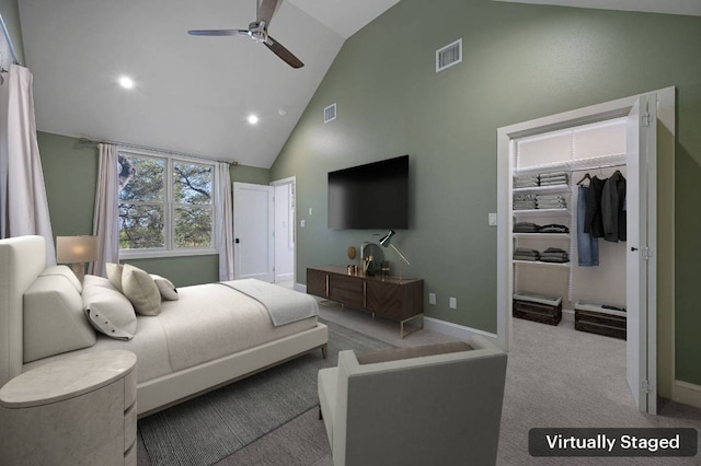 7603 Rustling Cv, Austin, TX 78731 - carpeted bedroom with high vaulted ceiling, a walk in closet, recessed lighting, a ceiling fan, and a closet