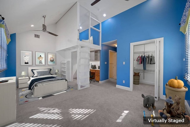 7603 Rustling Cv, Austin, TX 78731 - bedroom featuring high vaulted ceiling, carpet flooring, and recessed lighting