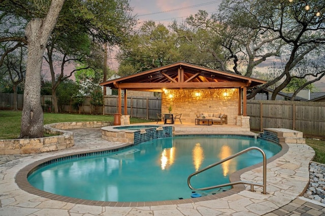 7603 Rustling Cv, Austin, TX 78731 - view of swimming pool with a gazebo, a fenced backyard, a pool with connected hot tub, and a patio area