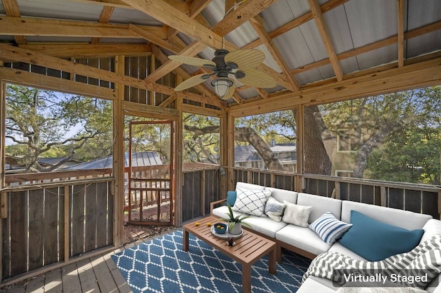 7603 Rustling Cv, Austin, TX 78731 - sunroom with an outdoor hangout area, ceiling fan, lofted ceiling, and healthy amount of natural light