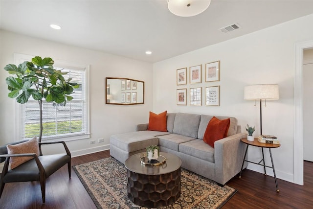 1213 S Church St, Georgetown, TX 78626 - living area featuring dark wood-type flooring, baseboards, and recessed lighting