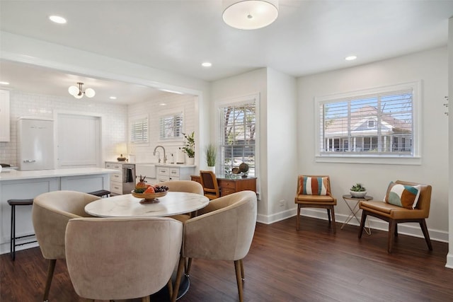 1213 S Church St, Georgetown, TX 78626 - dining space with dark wood-style floors, wine cooler, baseboards, and recessed lighting