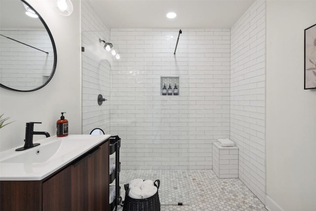 1213 S Church St, Georgetown, TX 78626 - full bath featuring vanity, tiled shower, tile patterned floors, and recessed lighting