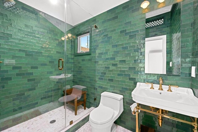 full bathroom with a shower stall, toilet, tile walls, and a sink