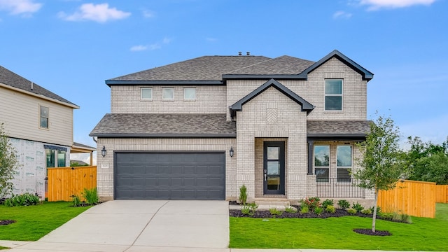 view of front of home featuring roof with shingles, a garage, concrete driveway, and brick siding