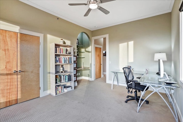 1002 Arroweye Trl, Austin, TX 78733 - office space with carpet floors, ceiling fan, crown molding, and baseboards
