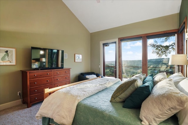 1002 Arroweye Trl, Austin, TX 78733 - bedroom featuring high vaulted ceiling, light colored carpet, access to outside, and baseboards