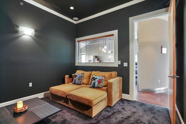 1002 Arroweye Trl, Austin, TX 78733 - living area with ornamental molding, carpet flooring, baseboards, and recessed lighting