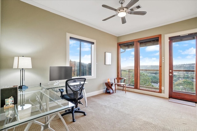 1002 Arroweye Trl, Austin, TX 78733 - carpeted office space with plenty of natural light, baseboards, a ceiling fan, and ornamental molding