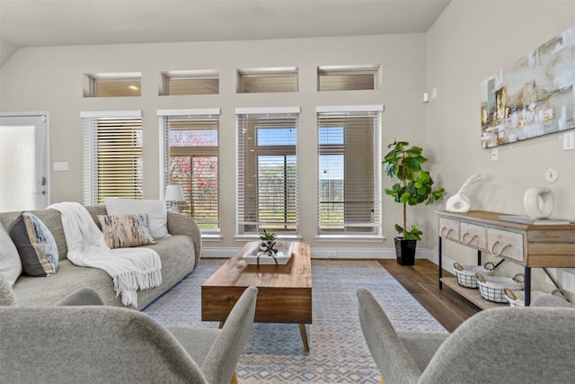 living room with baseboards and wood finished floors