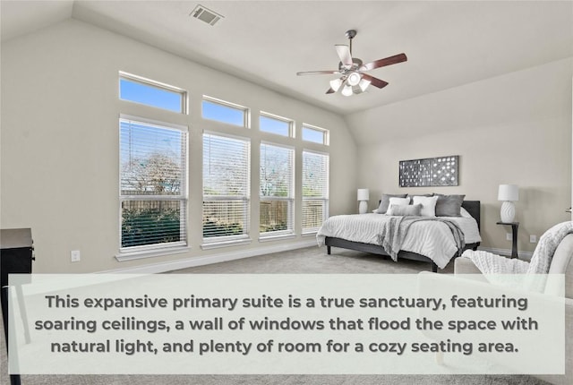 bedroom with carpet flooring, lofted ceiling, ceiling fan, and visible vents